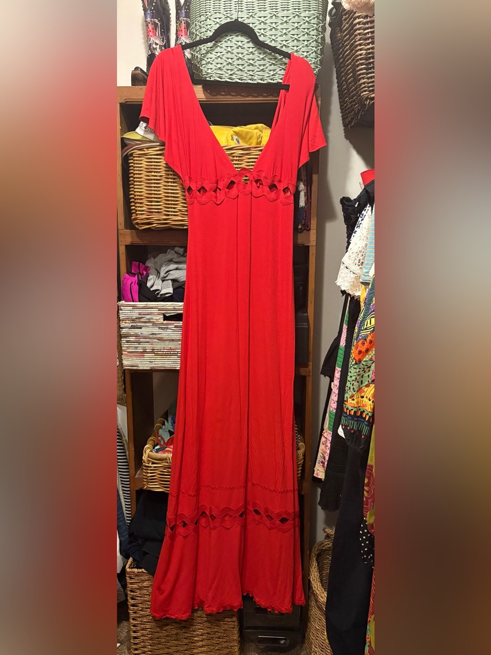 NWOT: INGWA MELERO Red rayon Maxi Dress w/rickrack cutout design. Exclusive!